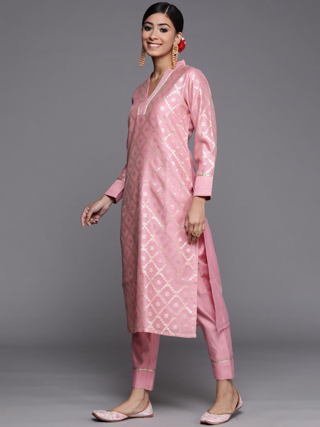 Pink Woven Design Chanderi Silk Straight Kurta - ShopLibas