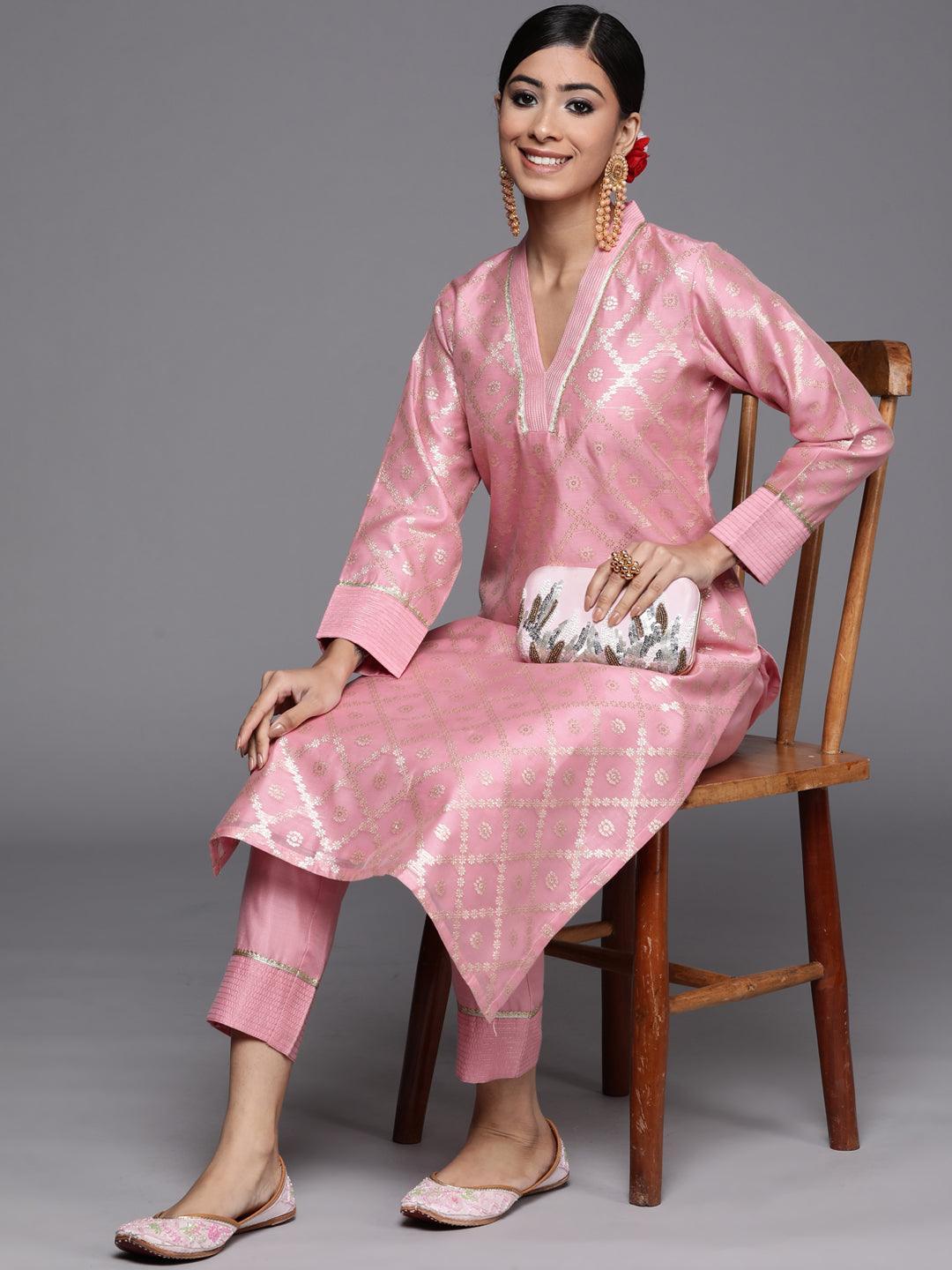 Pink Woven Design Chanderi Silk Straight Kurta - ShopLibas
