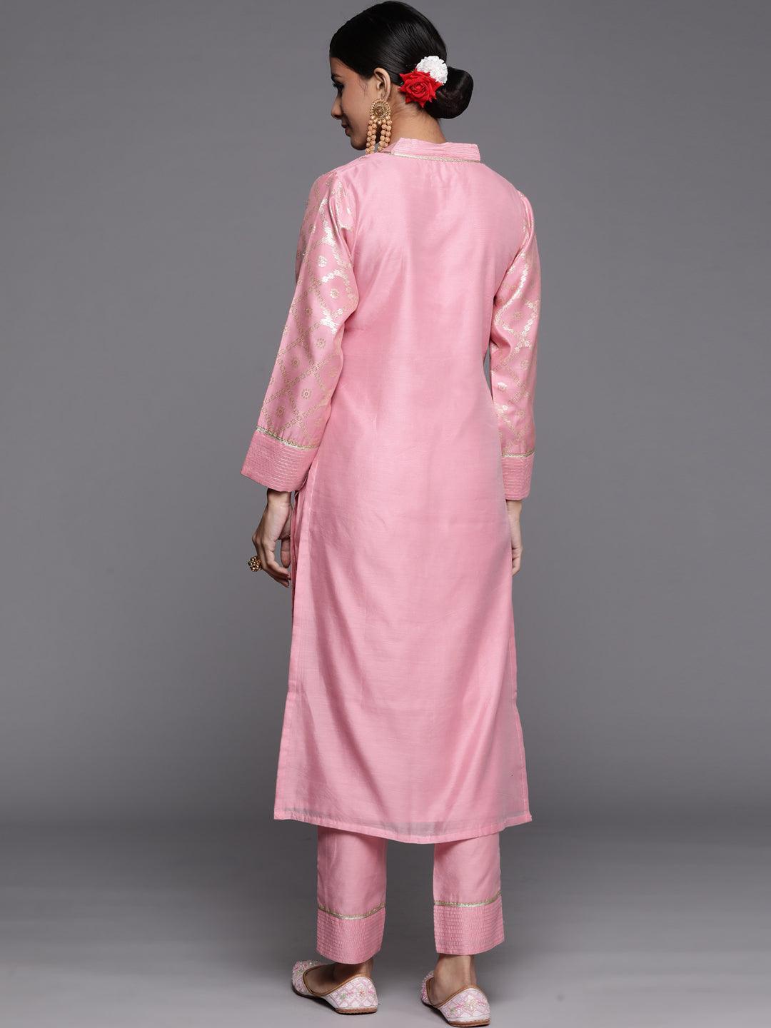 Pink Woven Design Chanderi Silk Straight Kurta - ShopLibas