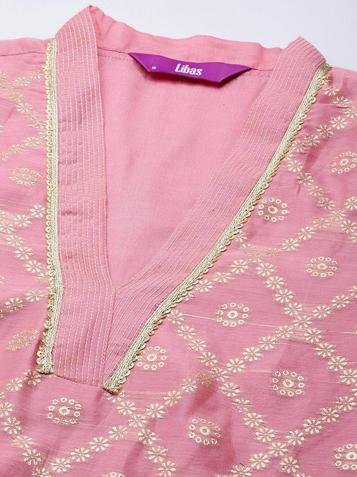 Pink Woven Design Chanderi Silk Straight Kurta