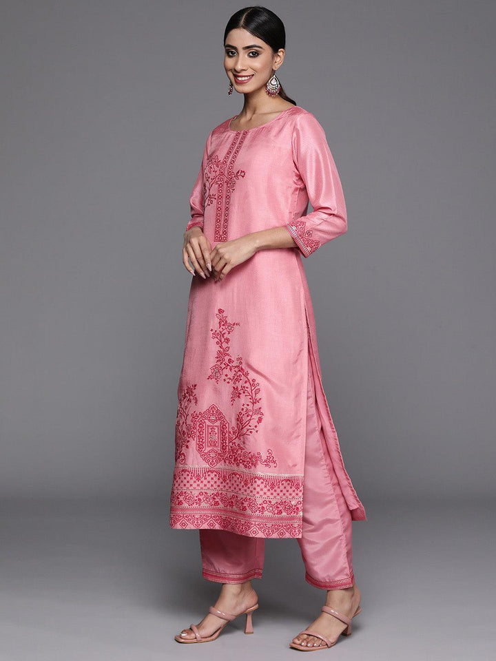 Pink Woven Design Silk Blend Straight Kurta With Trousers & Dupatta