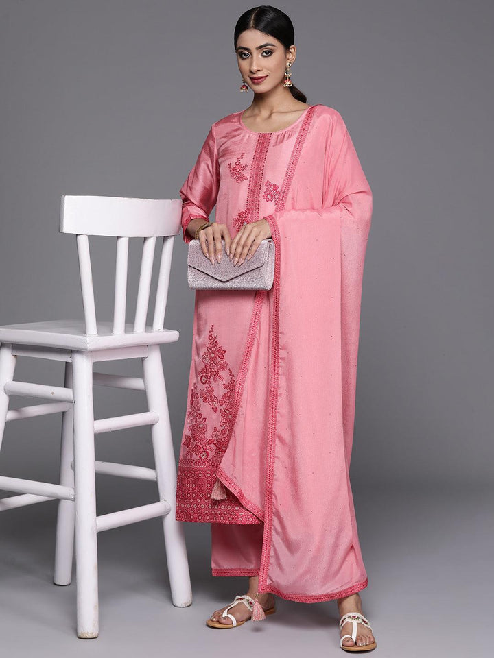 Pink Woven Design Silk Blend Straight Kurta With Trousers & Dupatta