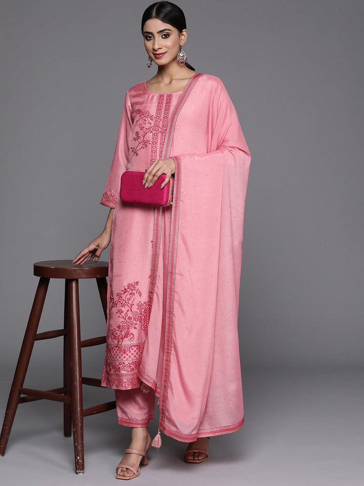 Pink Woven Design Silk Blend Straight Kurta With Trousers & Dupatta