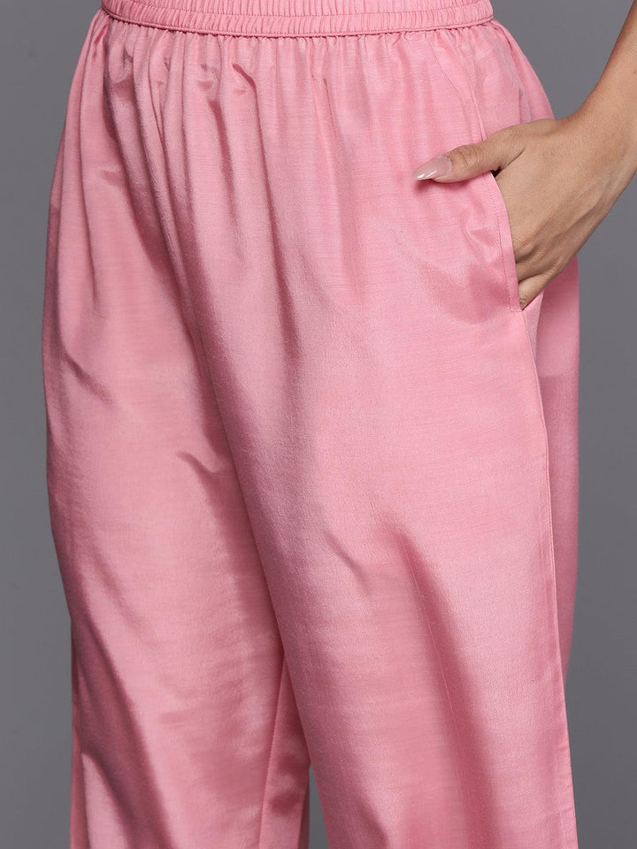 Pink Woven Design Silk Blend Straight Kurta With Trousers & Dupatta