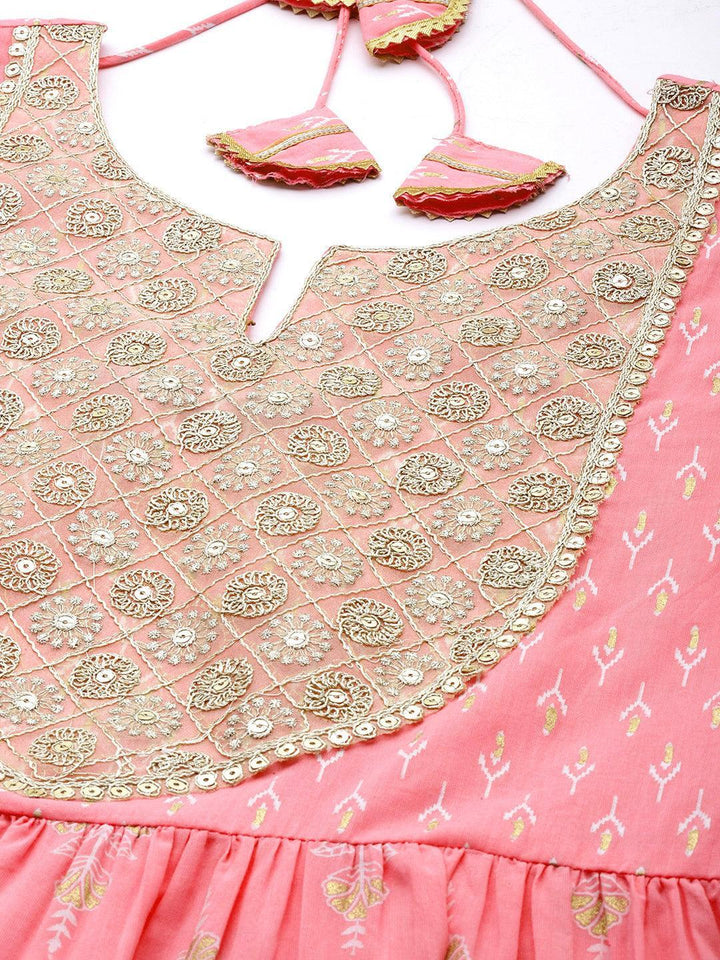 Pink Yoke Design Cotton Anarkali Kurta With Palazzos & Dupatta