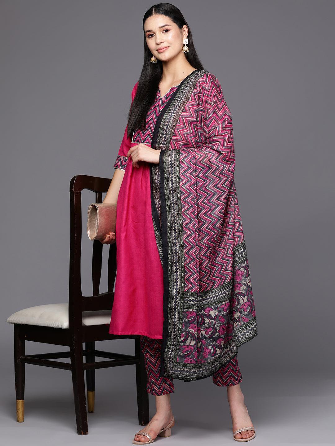 Pink Yoke Design Cotton Straight Suit Set With Trousers - ShopLibas
