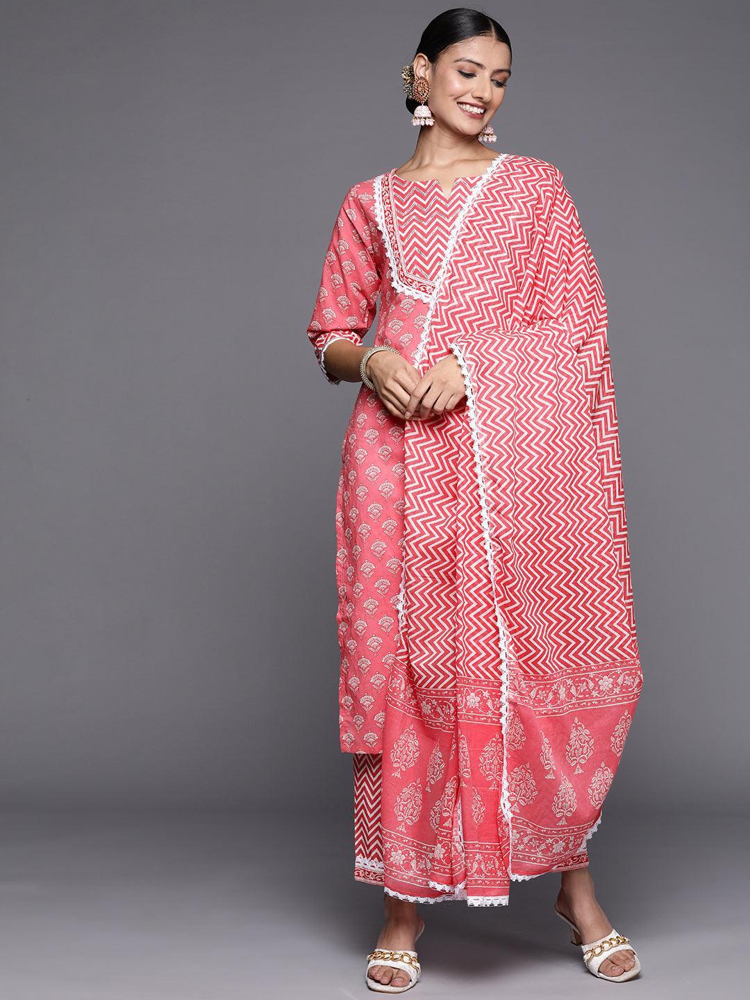Pink Yoke Design Cotton Straight Suit Set - ShopLibas