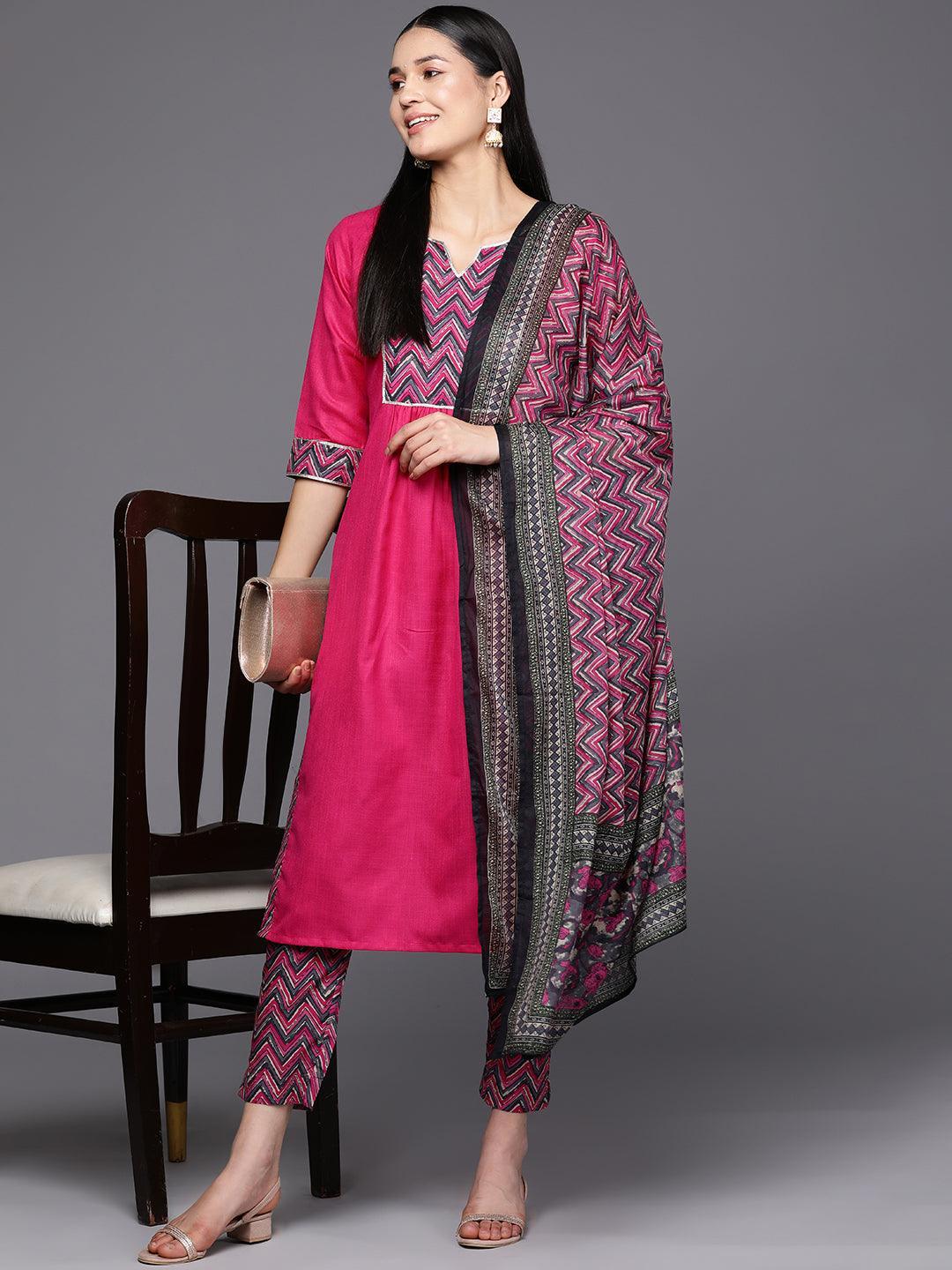 Pink Yoke Design Cotton Straight Suit Set With Trousers - ShopLibas