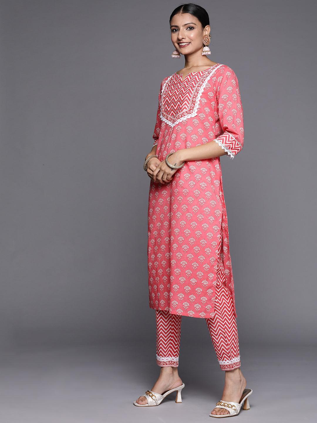 Pink Yoke Design Cotton Straight Suit Set - ShopLibas