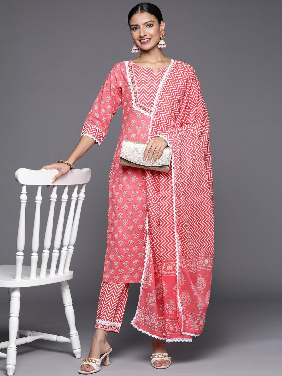 Pink Yoke Design Cotton Straight Suit Set - ShopLibas
