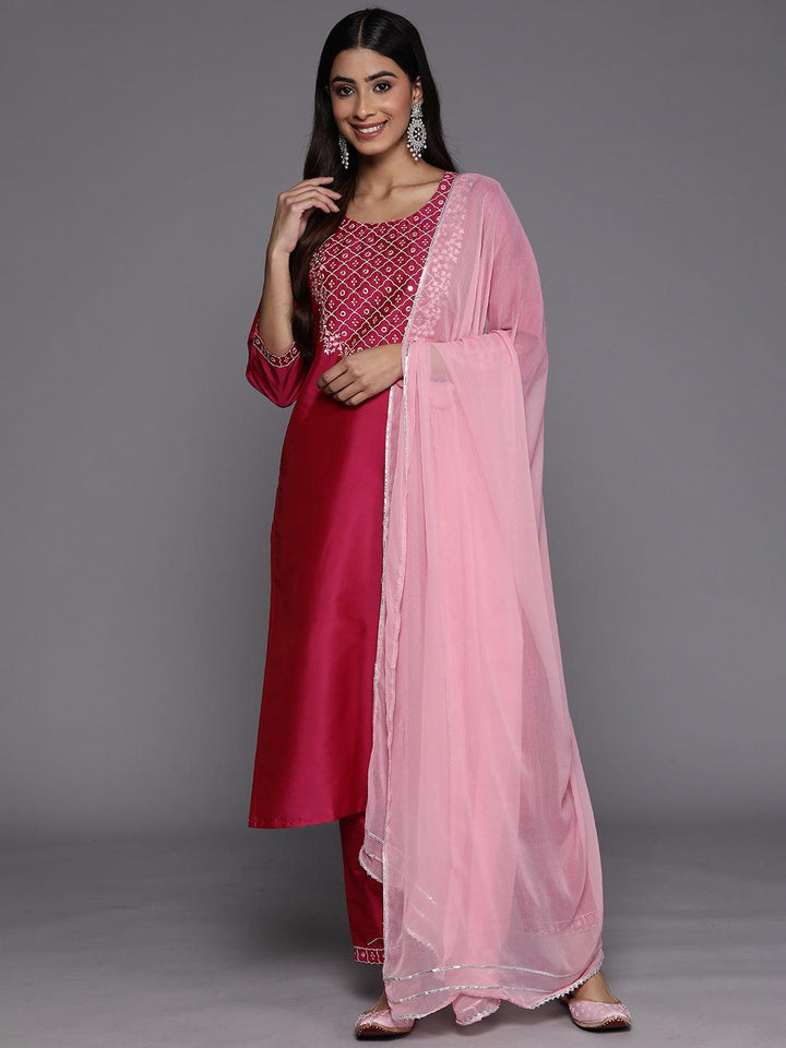 Pink Yoke Design Silk Blend Suit Set With Trousers