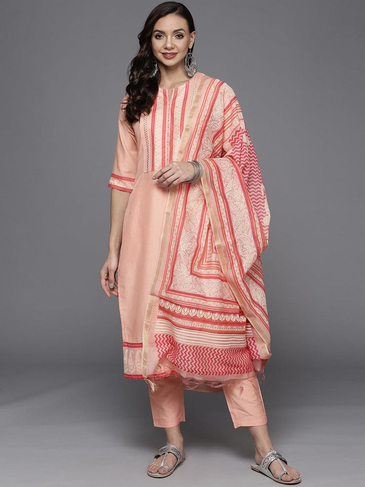 Pink Yoke Design Silk Blend Straight Suit Set