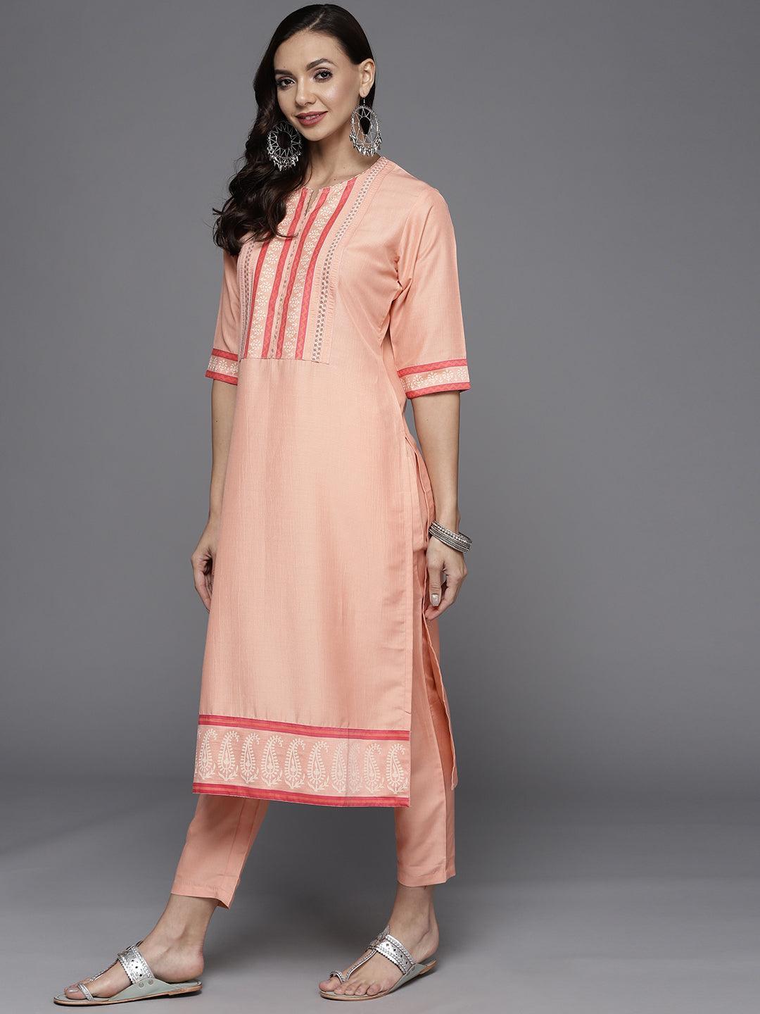 Pink Yoke Design Silk Blend Straight Suit Set - ShopLibas