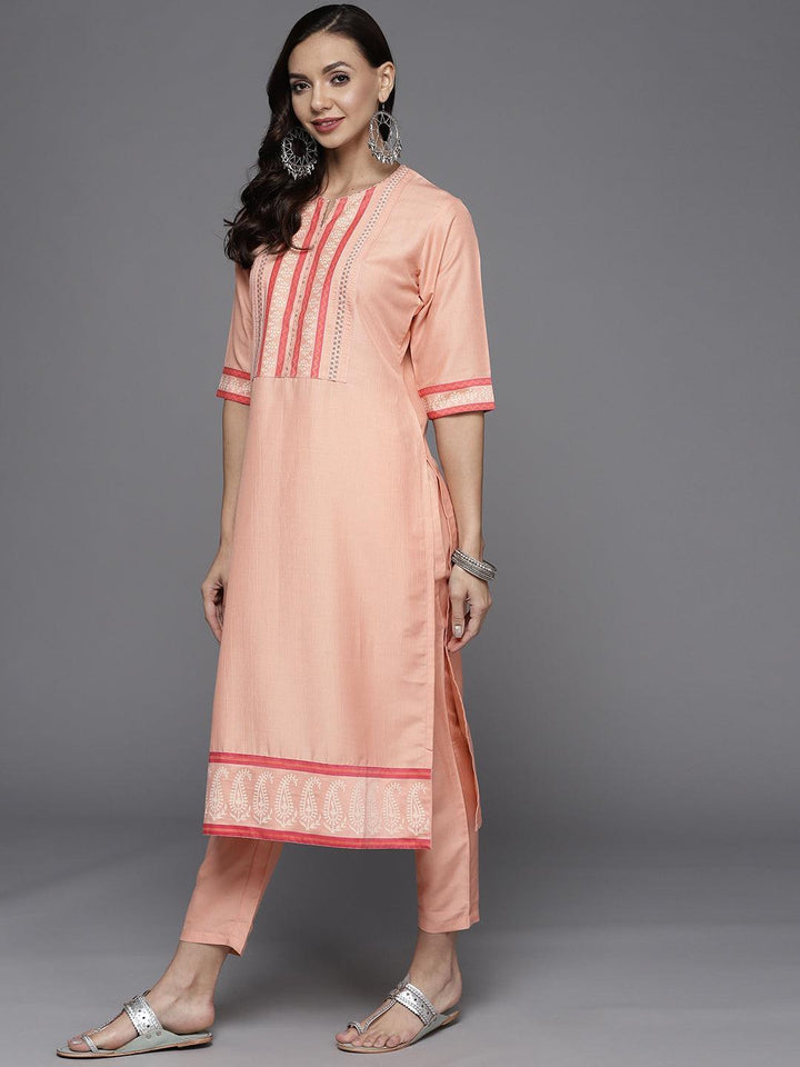 Pink Yoke Design Silk Blend Straight Suit Set