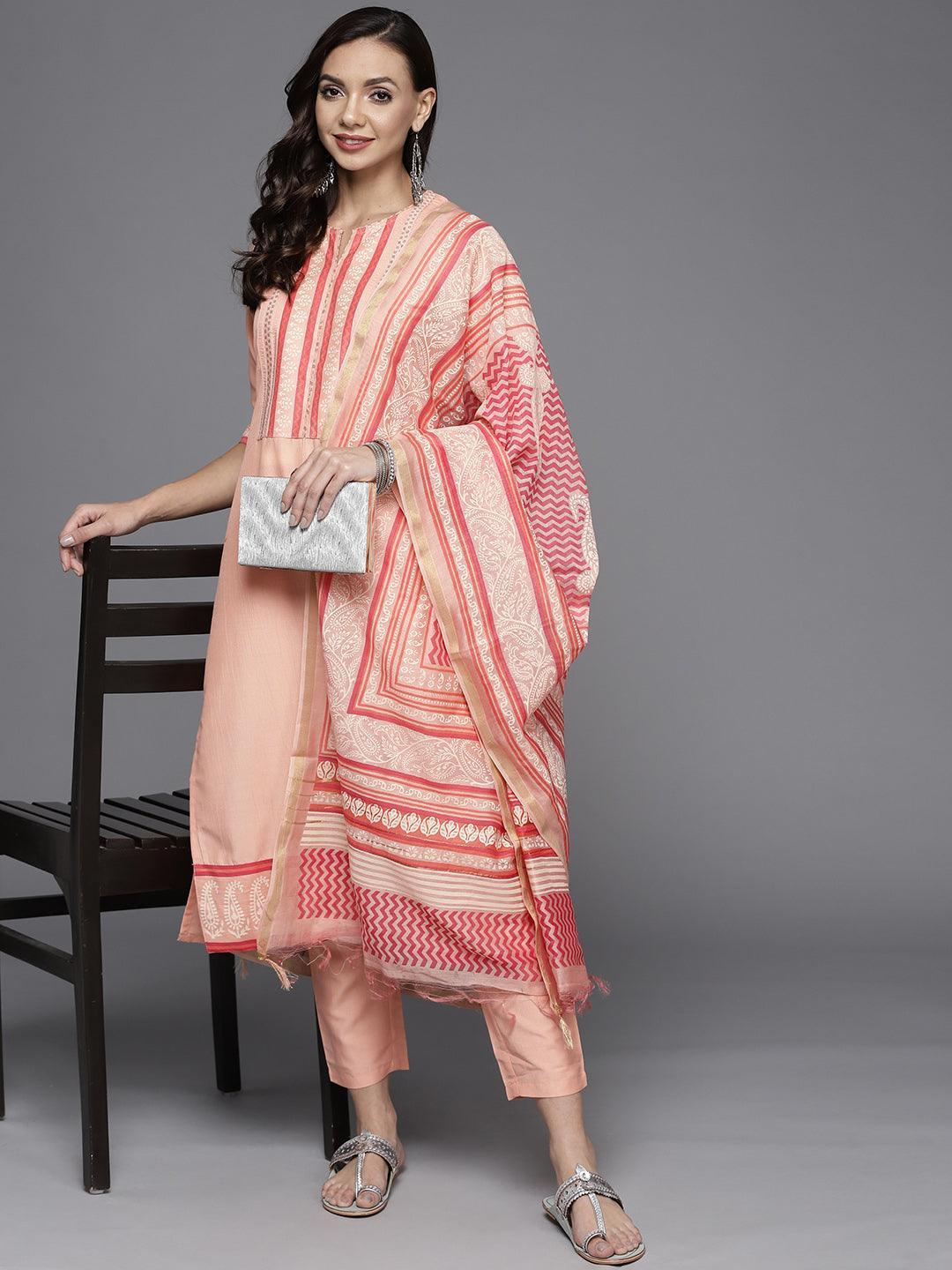 Pink Yoke Design Silk Blend Straight Suit Set - ShopLibas