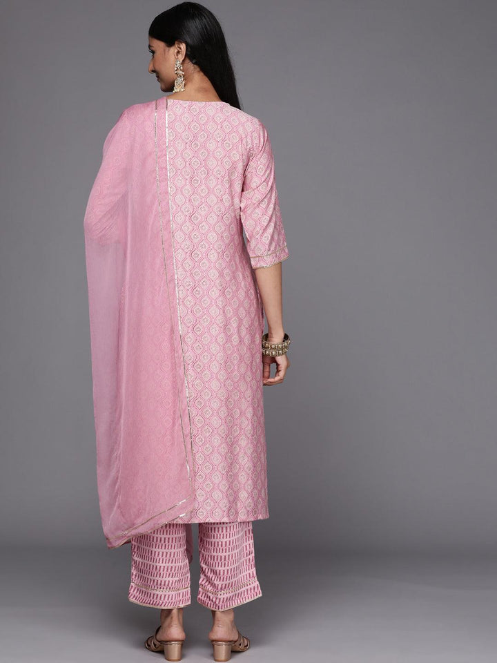 Pink Yoke Design Silk Blend Straight Suit Set
