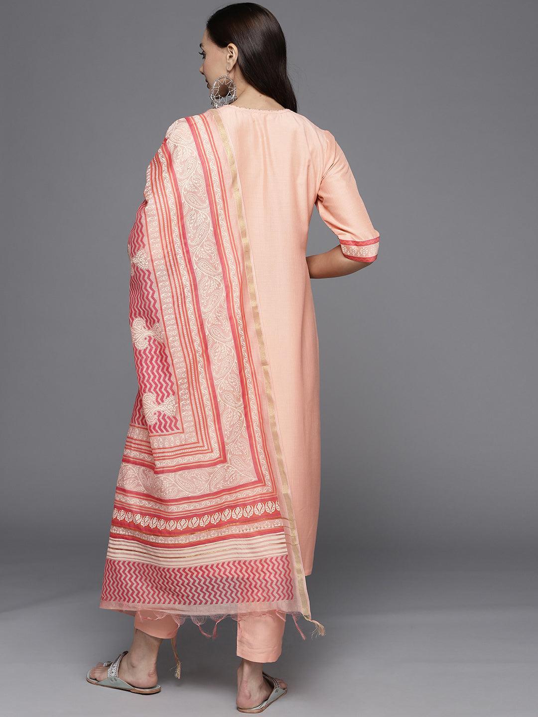 Pink Yoke Design Silk Blend Straight Suit Set - ShopLibas
