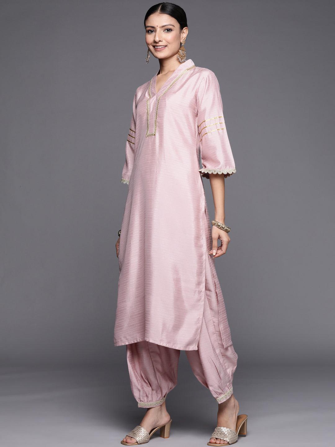 Pink Yoke Design Silk Blend Straight Suit Set - ShopLibas