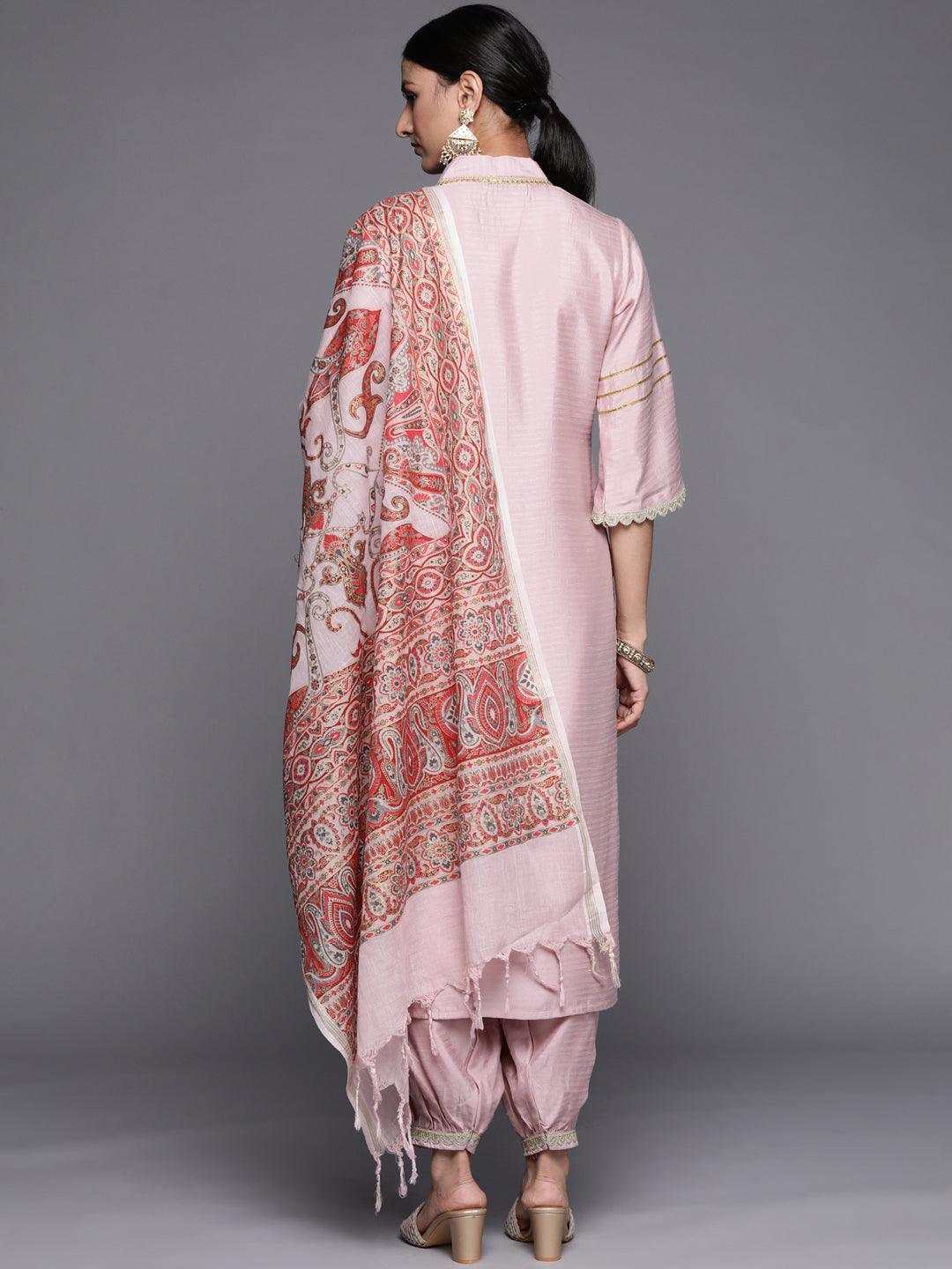 Pink Yoke Design Silk Blend Straight Suit Set - ShopLibas