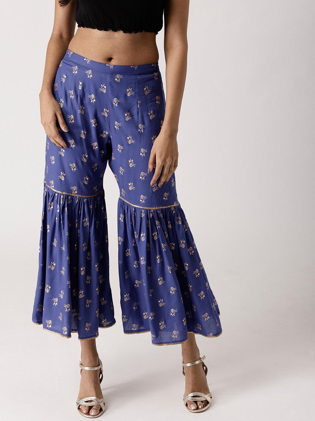 Blue Printed Rayon Sharara Pants - ShopLibas
