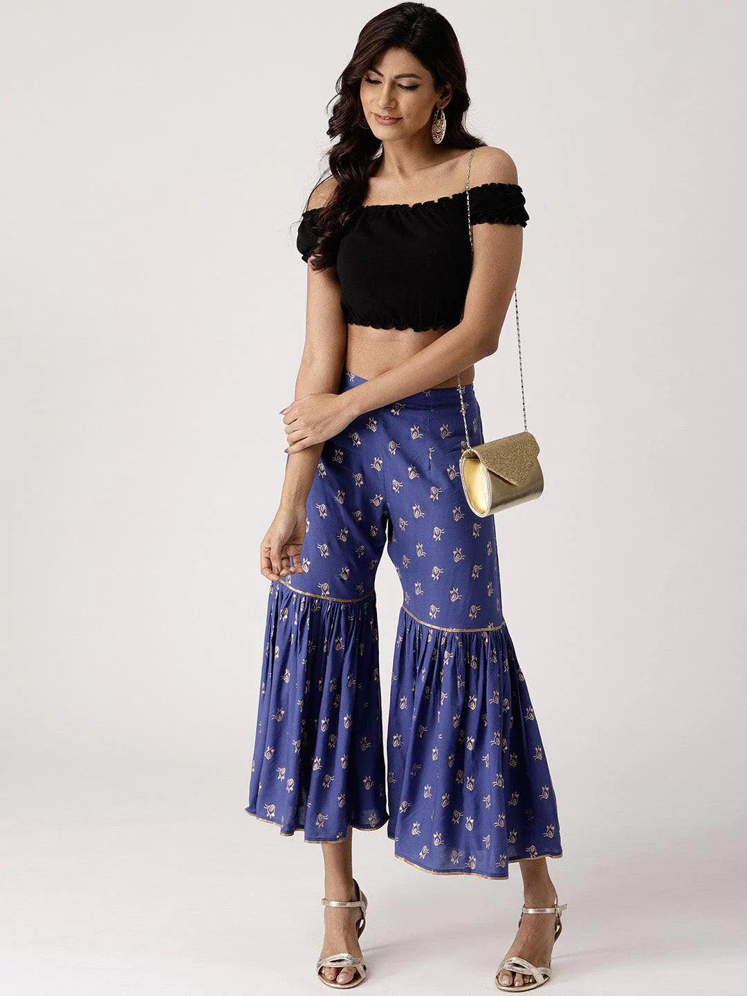 Blue Printed Rayon Sharara Pants - ShopLibas