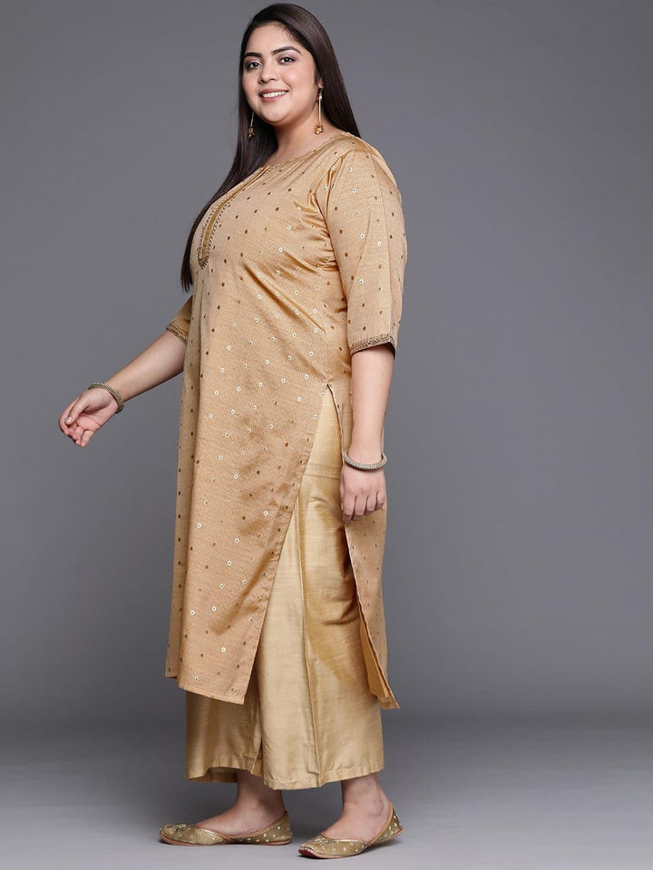 Plus Size Beige Self Design Chanderi Silk Straight Kurta