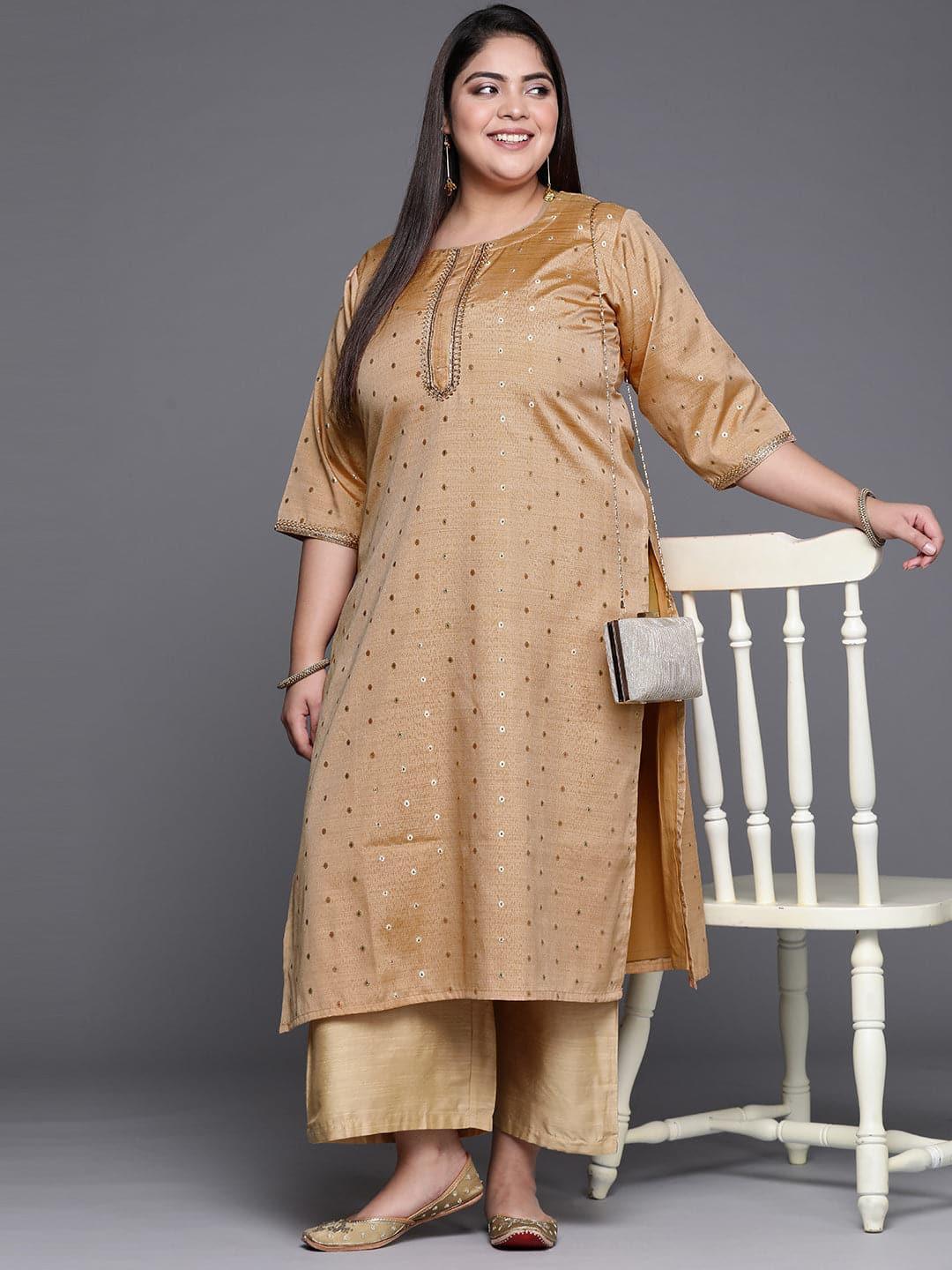 Plus Size Beige Self Design Chanderi Silk Straight Kurta - ShopLibas