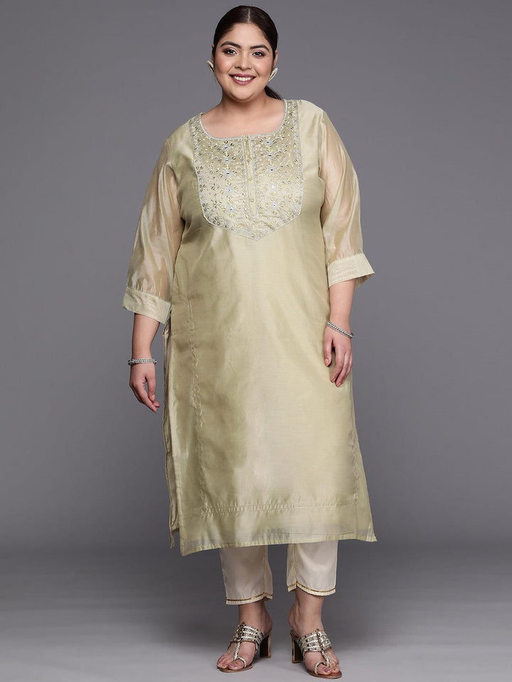 Plus Size Beige Yoke Design Chanderi Cotton Straight Kurta