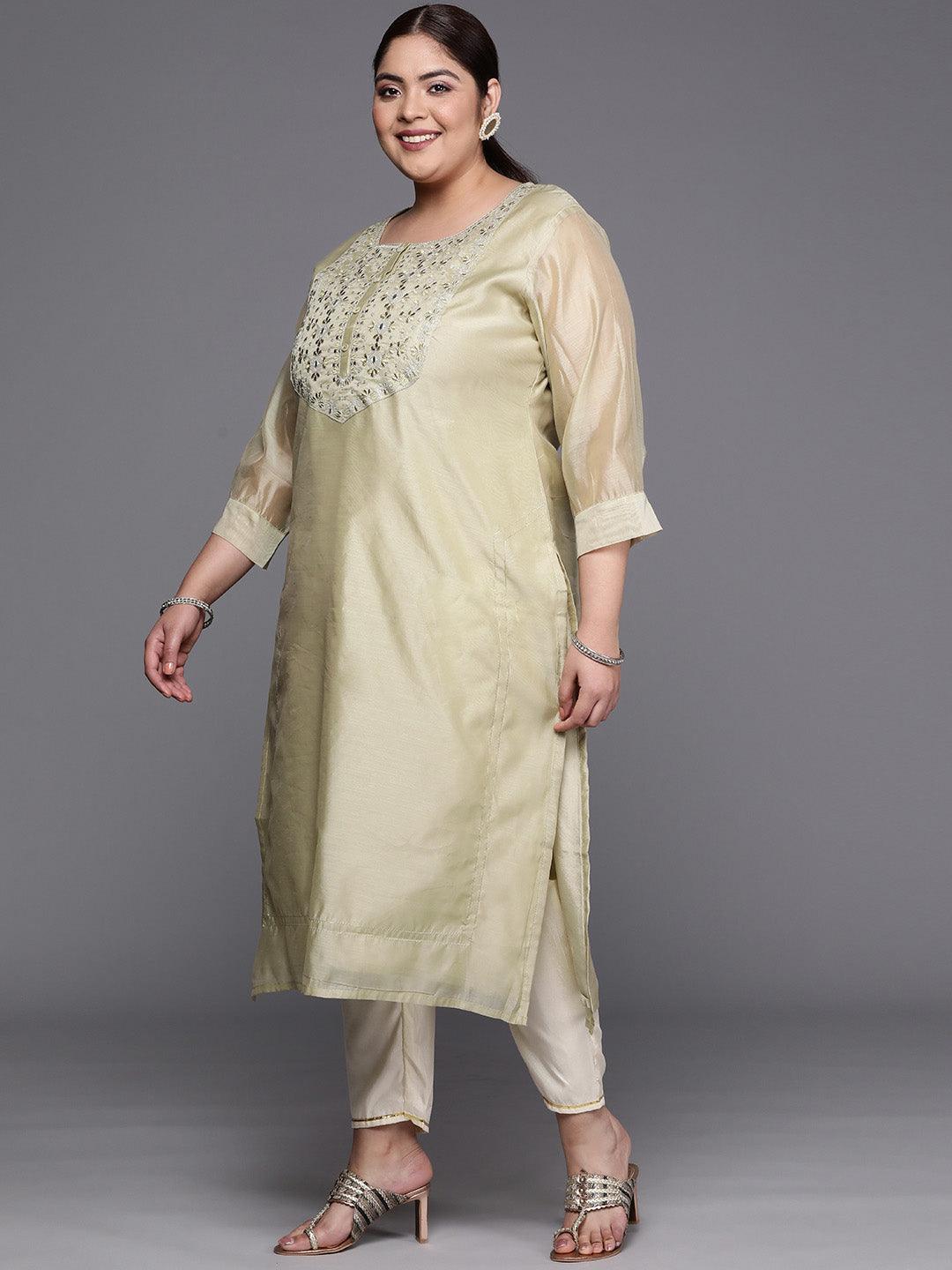 Plus Size Beige Yoke Design Chanderi Cotton Straight Kurta - ShopLibas