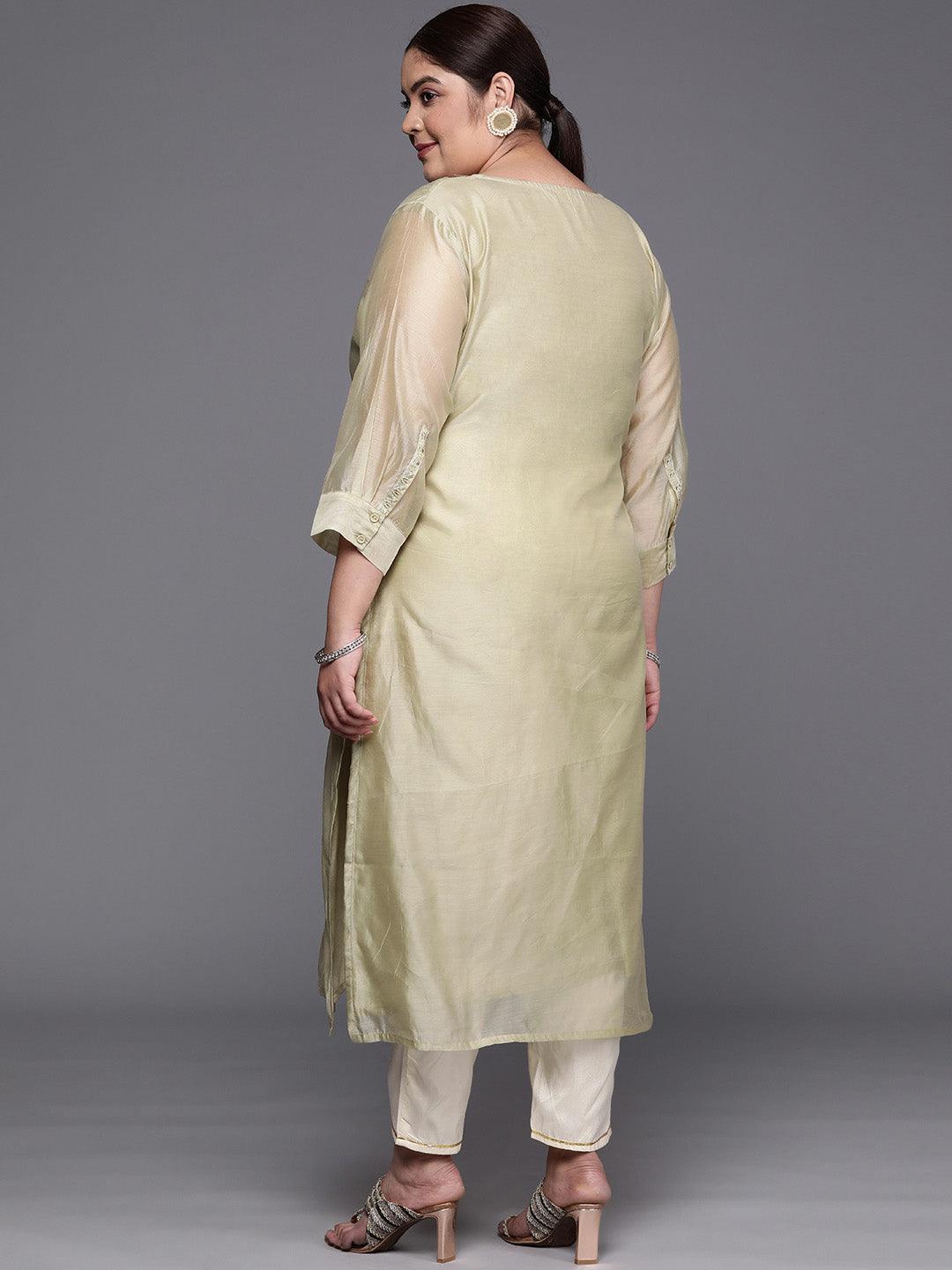Plus Size Beige Yoke Design Chanderi Cotton Straight Kurta - ShopLibas