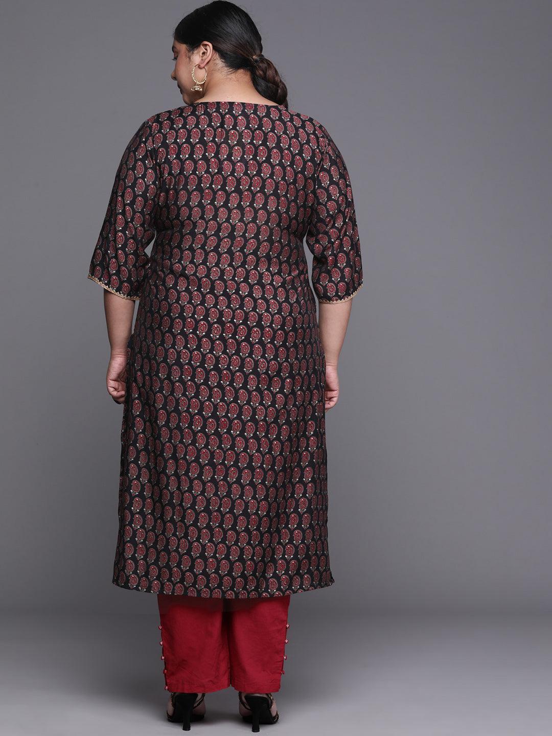 Plus Size Black Printed Chanderi Silk Kurta - Libas