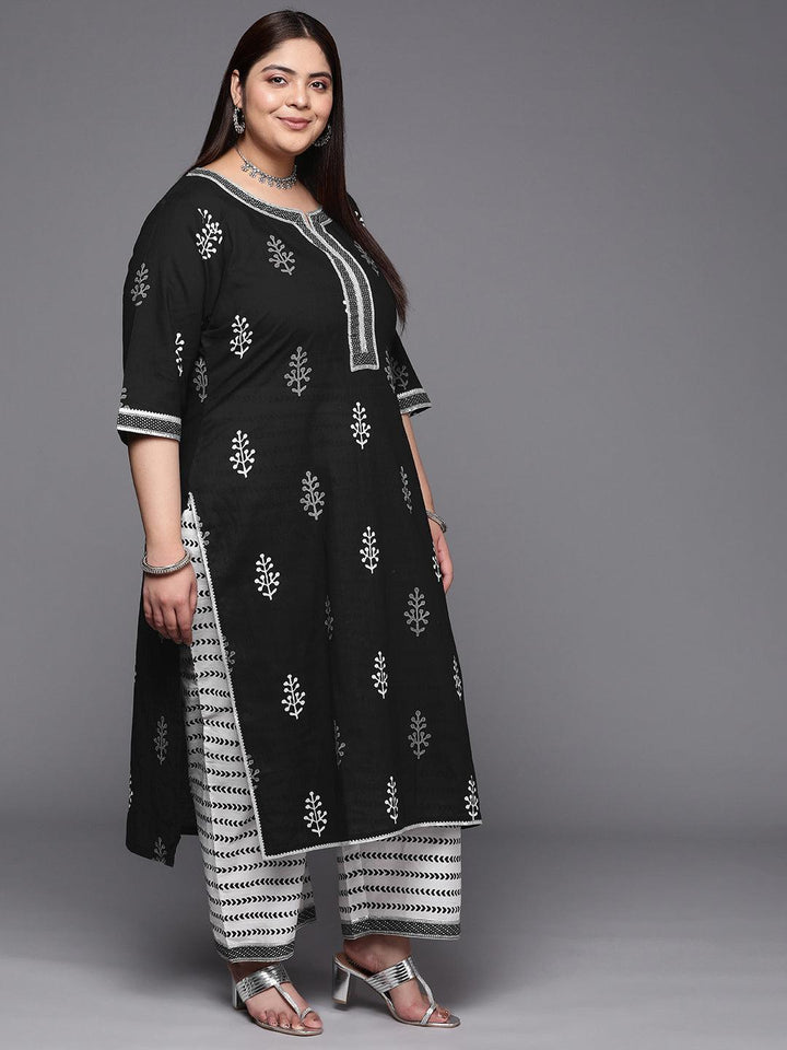 Plus Size Black Printed Cotton Suit Set With Trousers