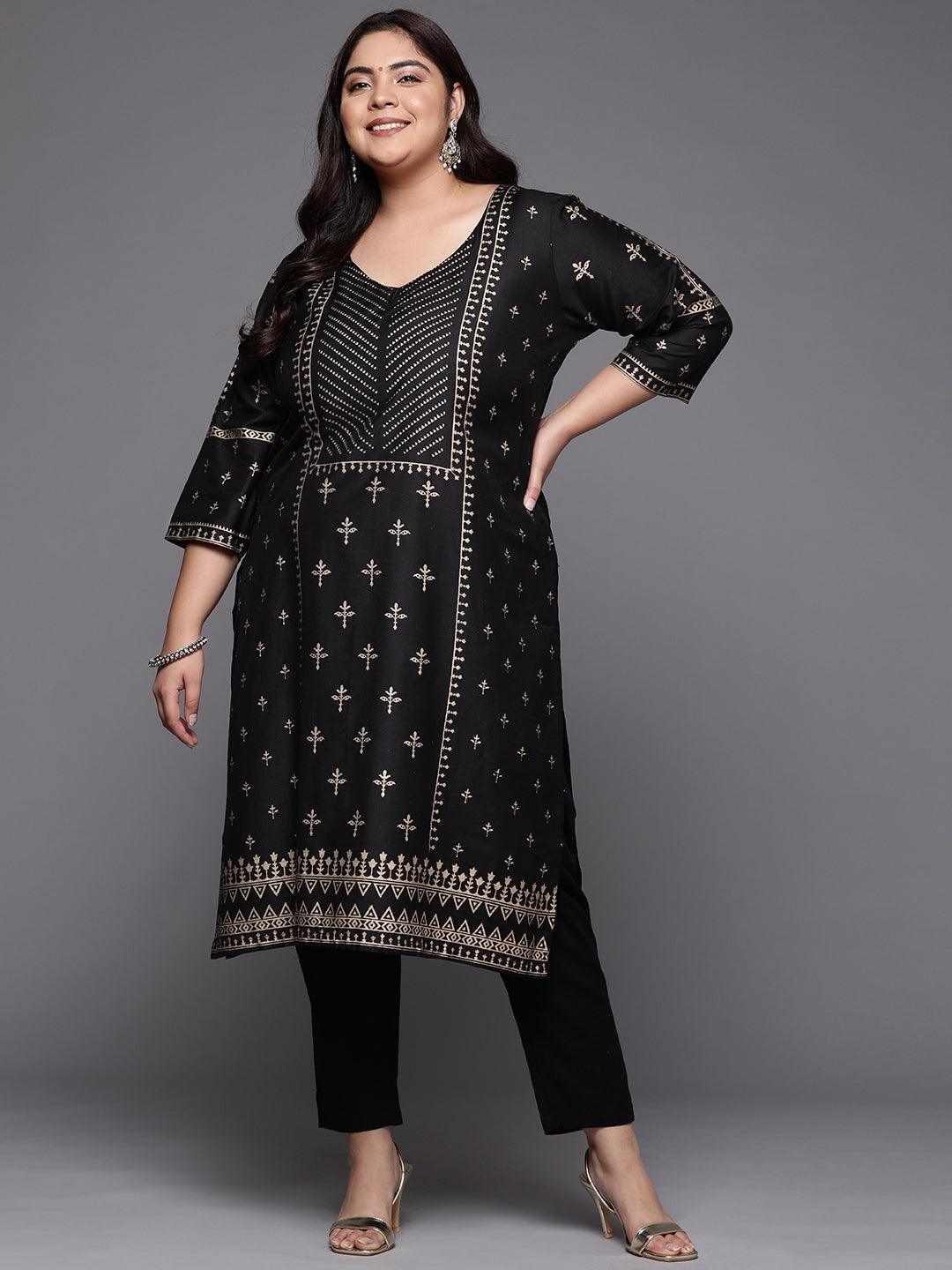 Plus Size Black Printed Silk Straight Kurta - ShopLibas