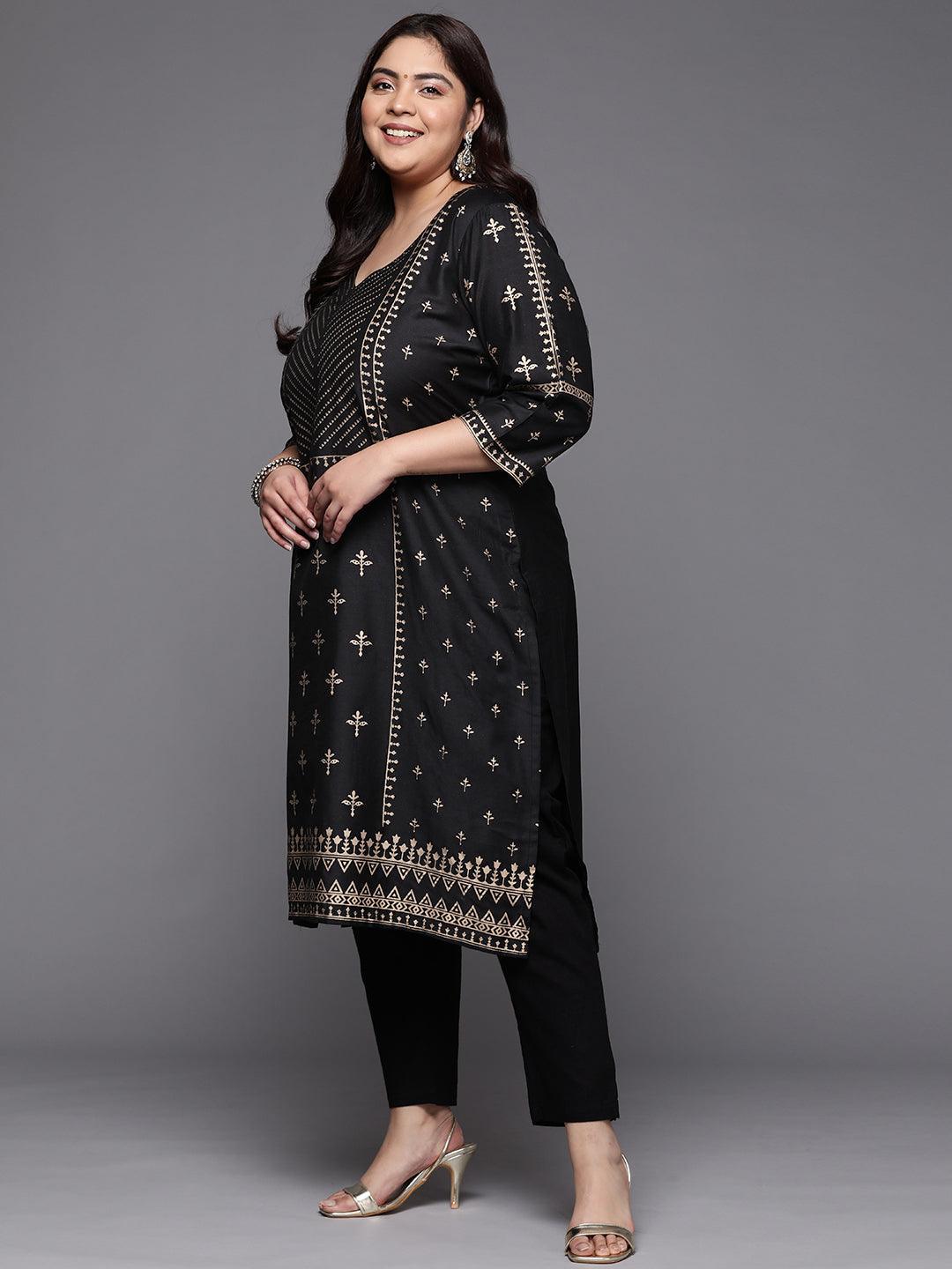Plus Size Black Printed Silk Straight Kurta - ShopLibas