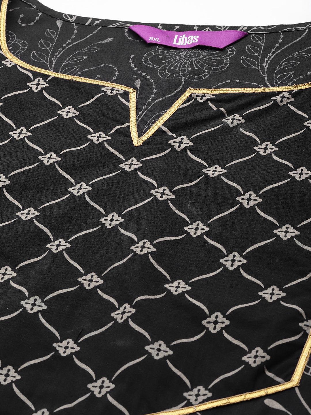 Plus Size Black Yoke Design Cotton Kurta - ShopLibas