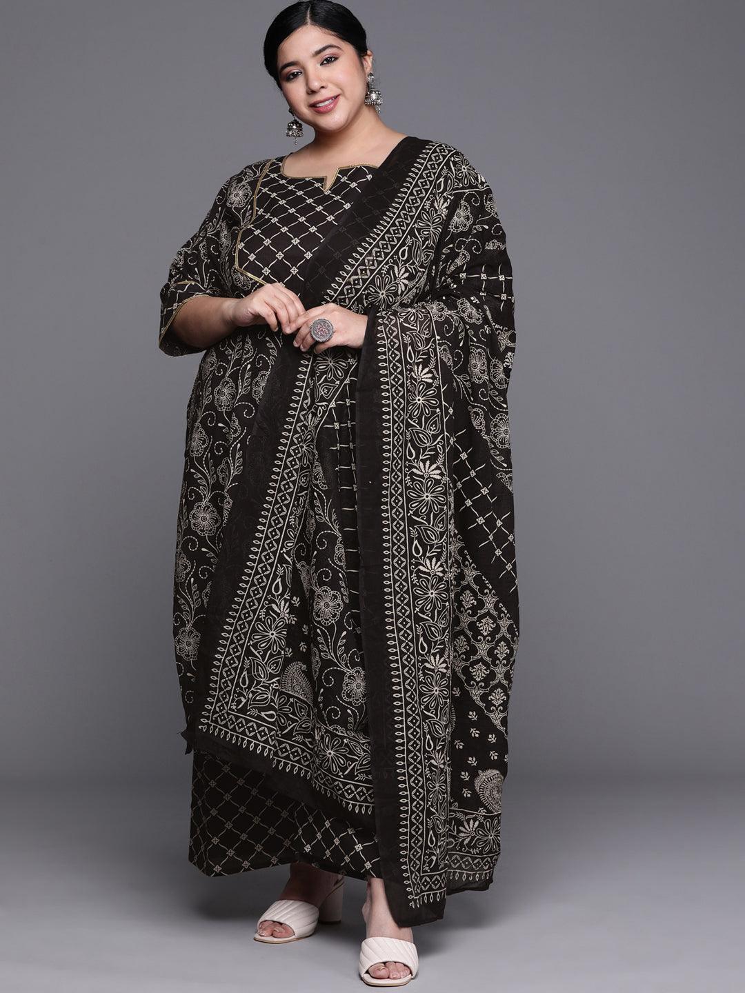 Plus Size Black Yoke Design Cotton Suit Set - ShopLibas