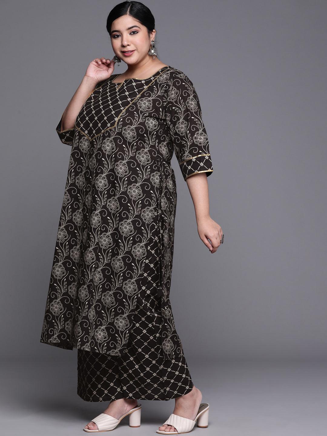 Plus Size Black Yoke Design Cotton Suit Set - ShopLibas
