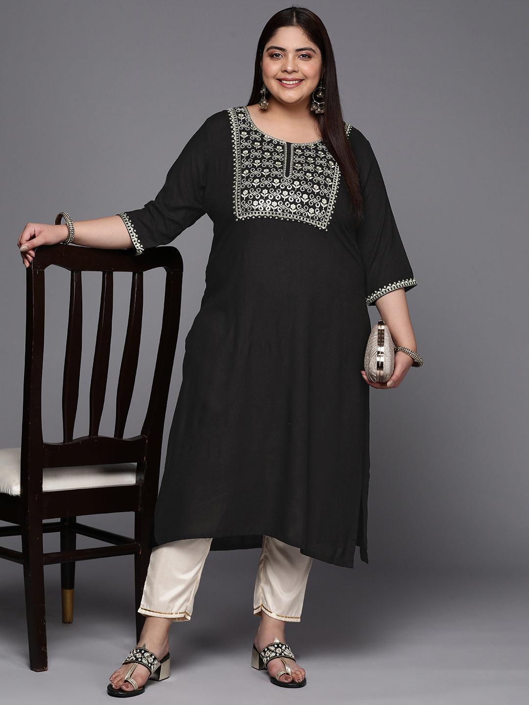 Plus Size Black Yoke Design Rayon Straight Kurta - ShopLibas