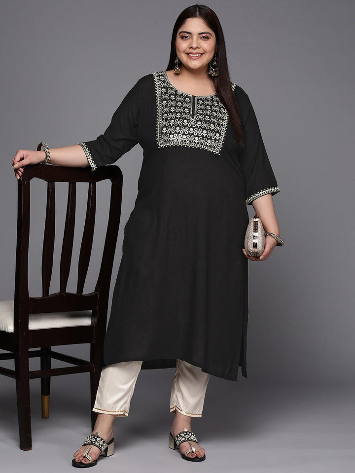 Plus Size Black Yoke Design Rayon Straight Kurta