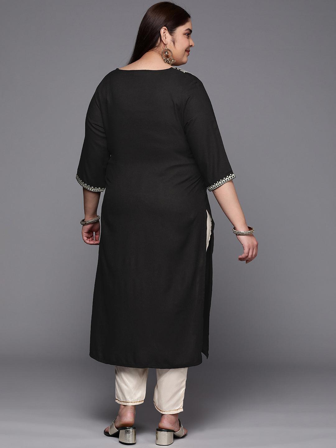 Plus Size Black Yoke Design Rayon Straight Kurta - ShopLibas