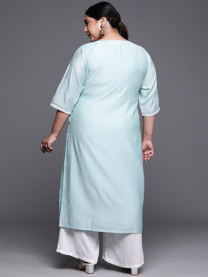 Plus Size Blue Embroidered Chanderi Silk Kurta