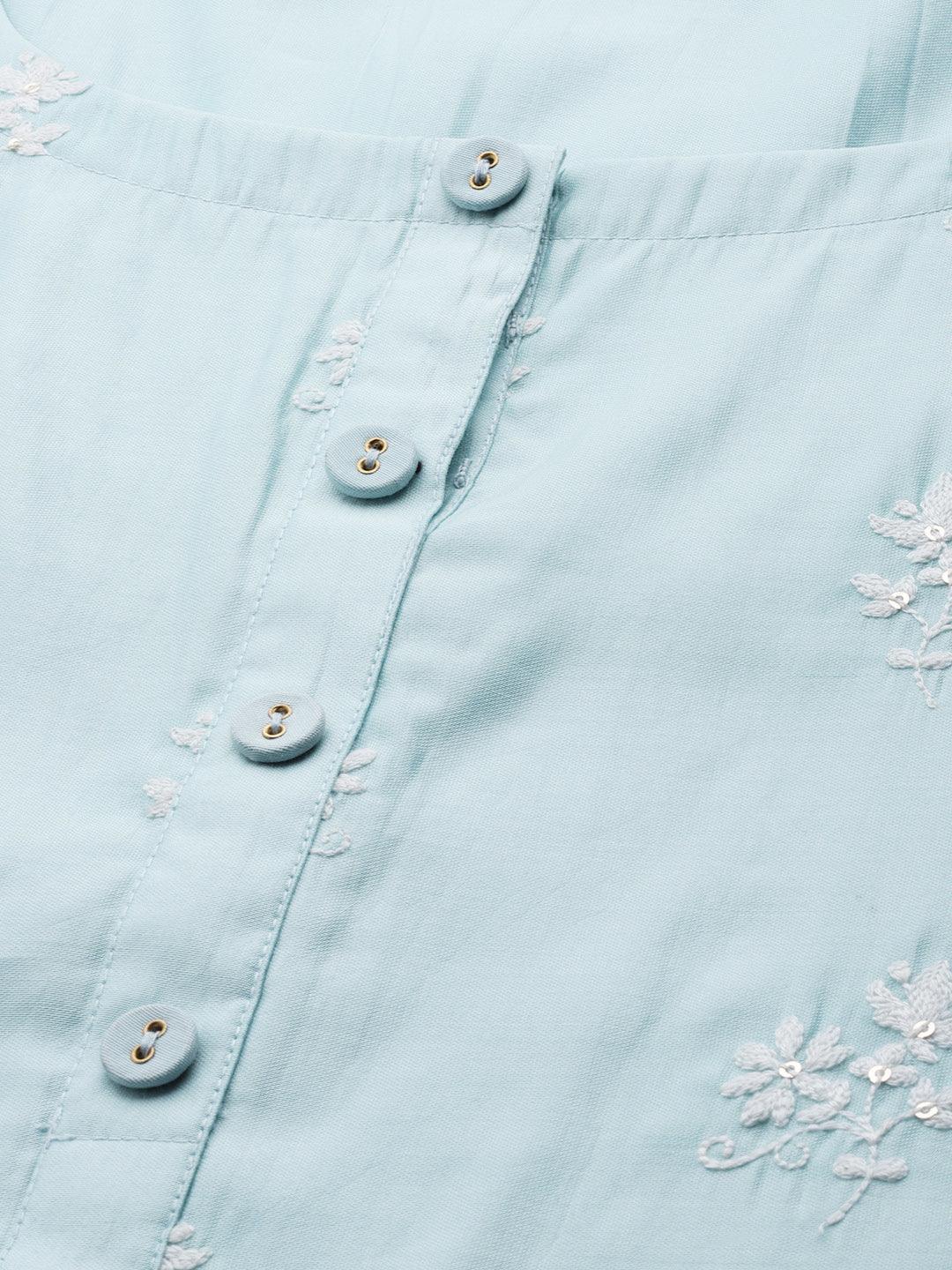 Plus Size Blue Embroidered Chanderi Silk Kurta - ShopLibas