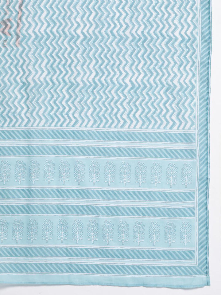 Plus Size Blue Embroidered Cotton Straight Kurta With Trousers & Dupatta