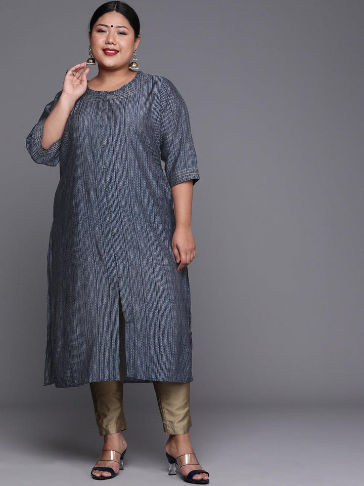 Plus Size Blue Printed Chanderi Silk Kurta