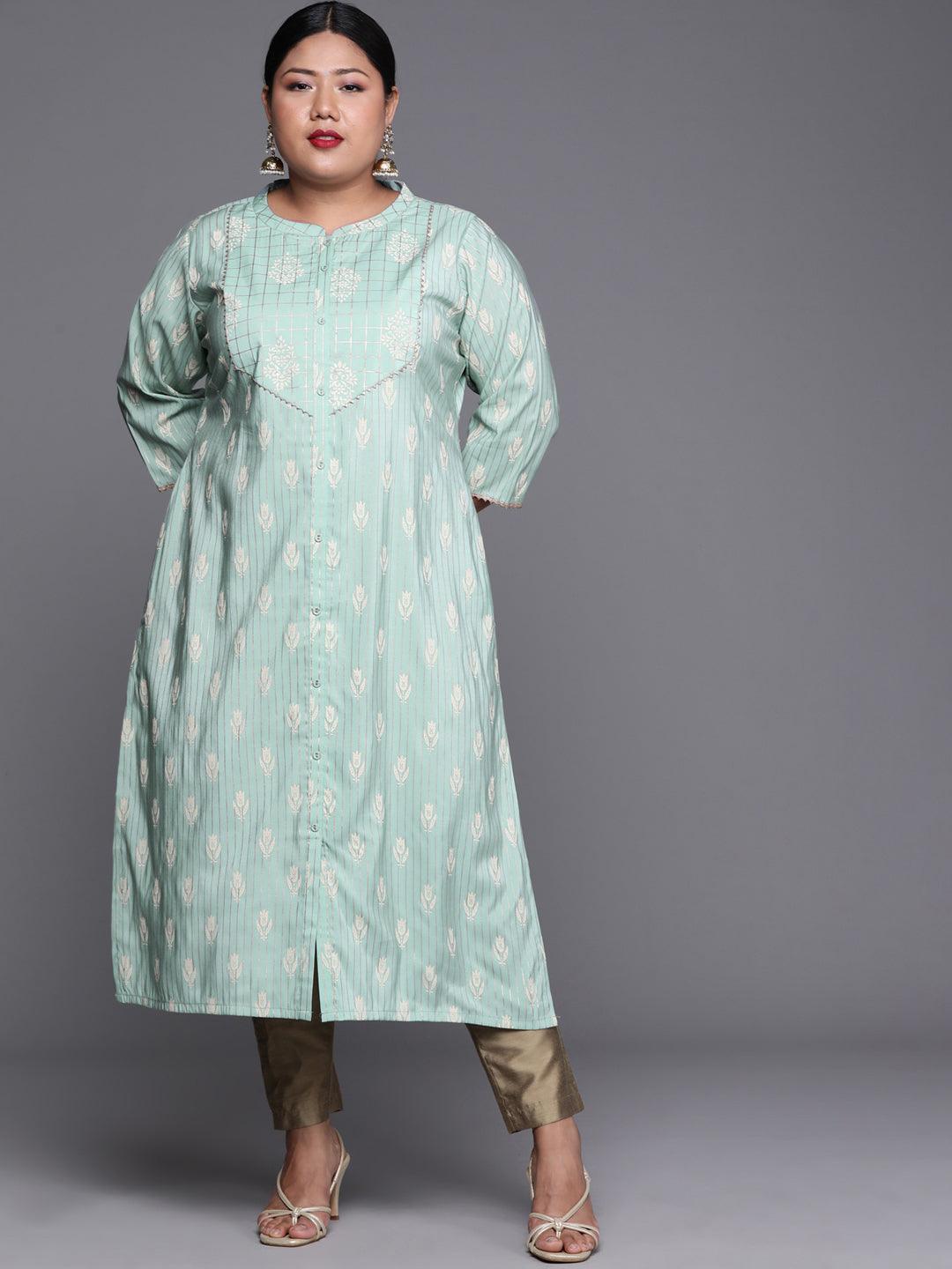 Plus Size Blue Printed Chanderi Silk Kurta - ShopLibas