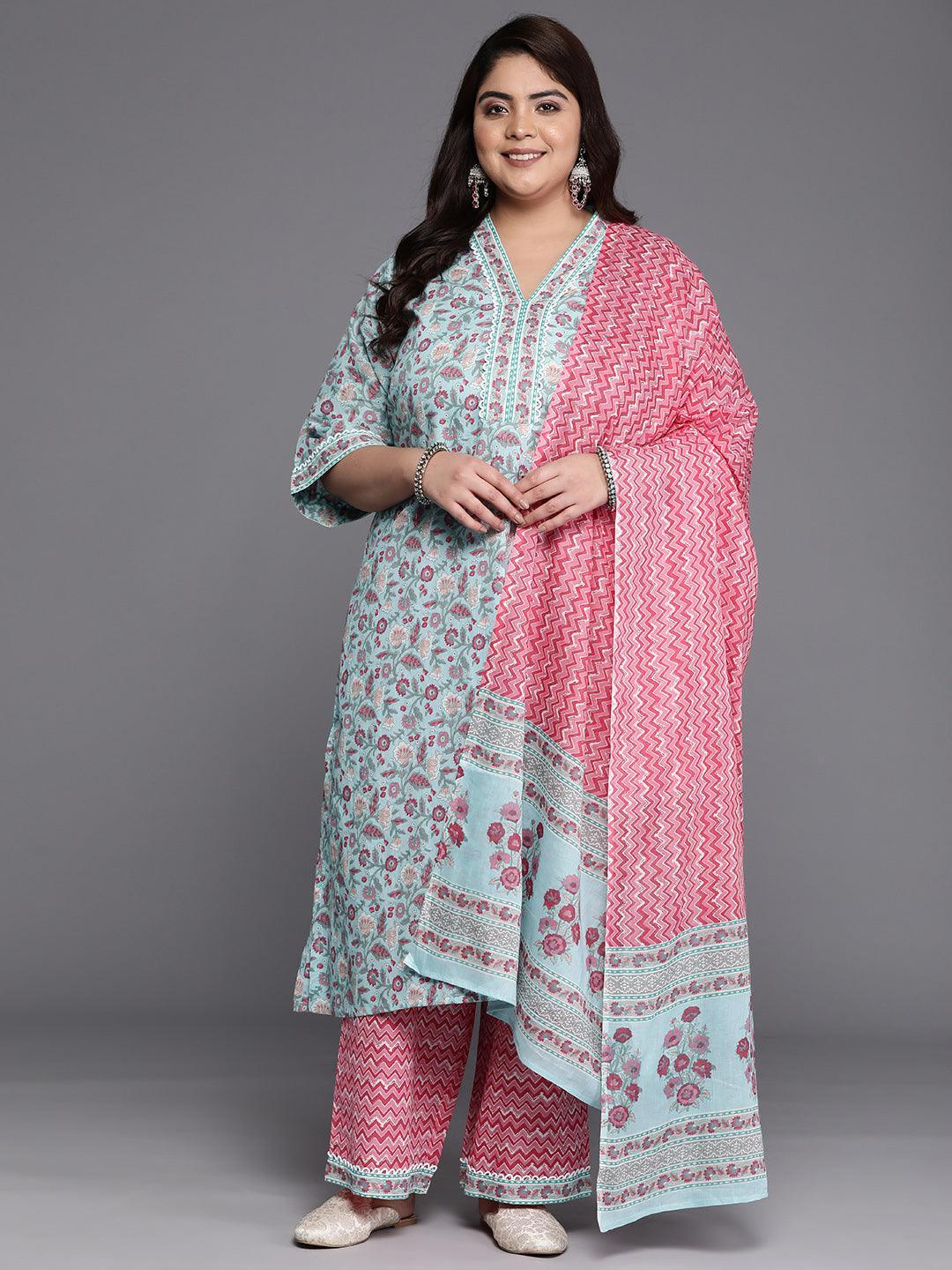 Plus Size Blue Printed Cotton A-Line Kurta With Trousers Dupatta
