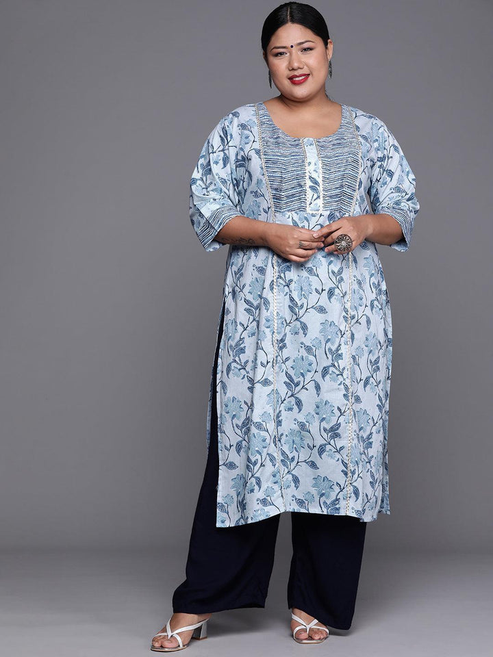 Plus Size Blue Printed Cotton Kurta