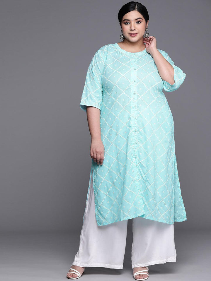 Plus Size Blue Printed Cotton Kurta