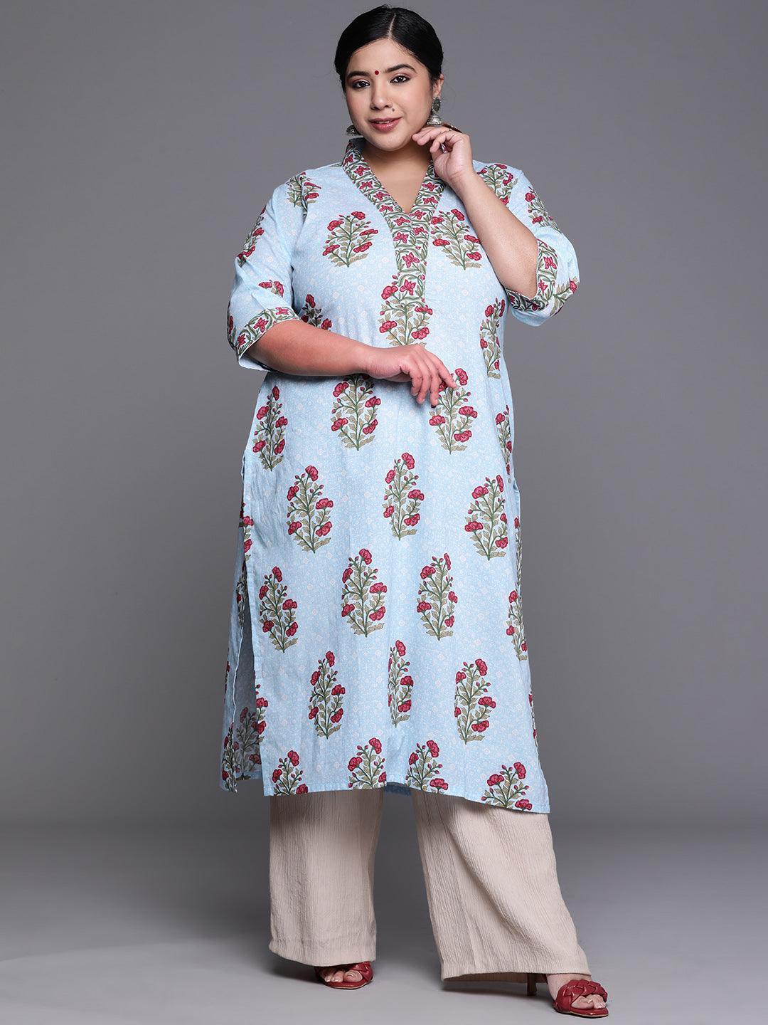 Plus Size Blue Printed Cotton Kurta - ShopLibas