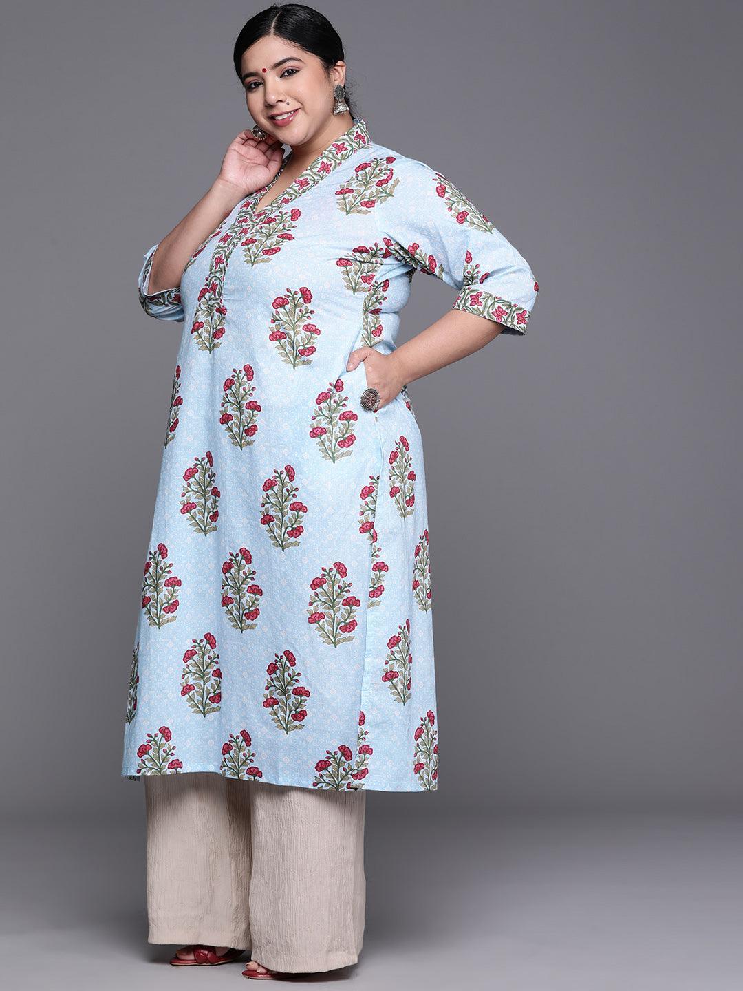 Plus Size Blue Printed Cotton Kurta - ShopLibas